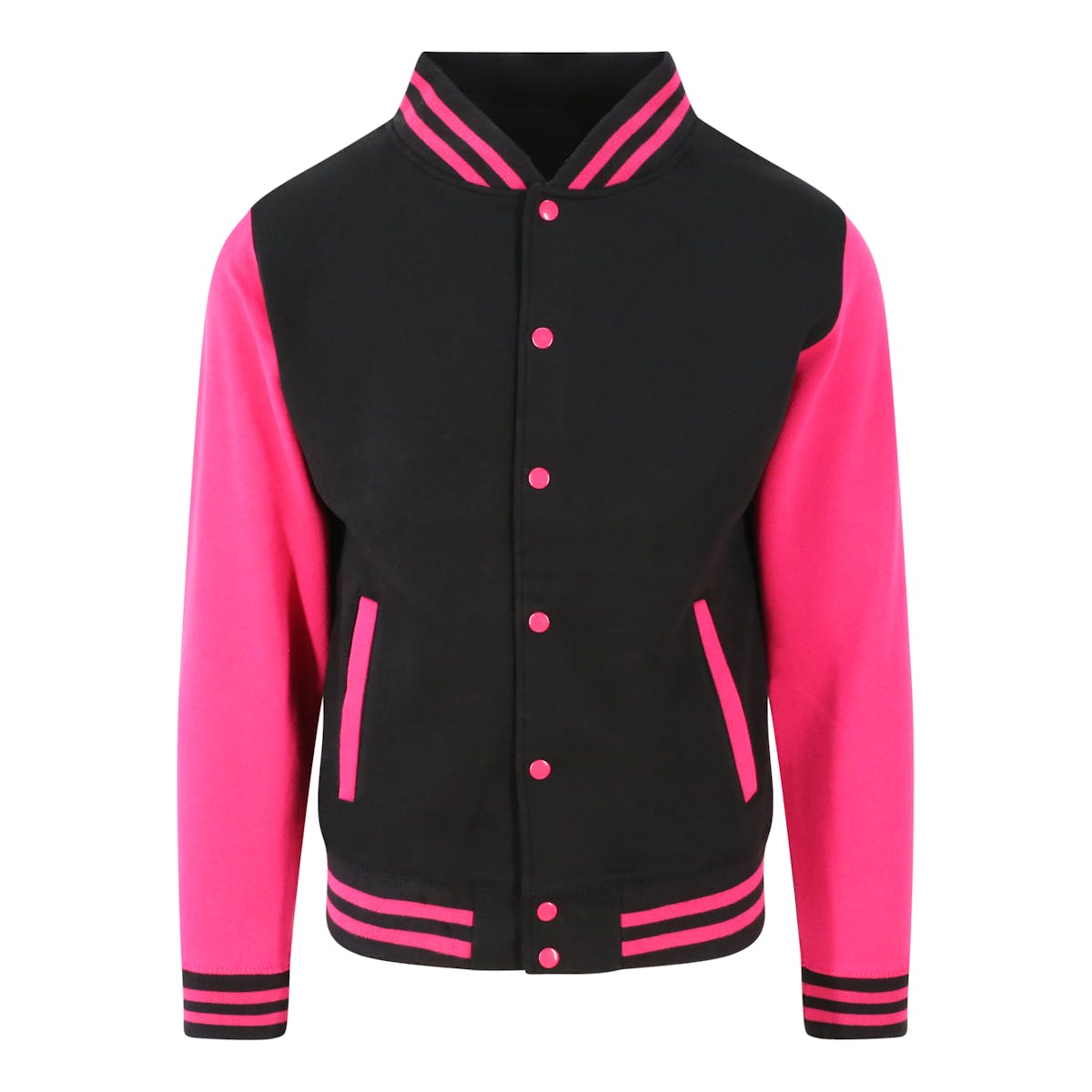 Бомбер униcекс JH043 VARSITY JACKET - Угольно-Черный/ Ярко-розовый